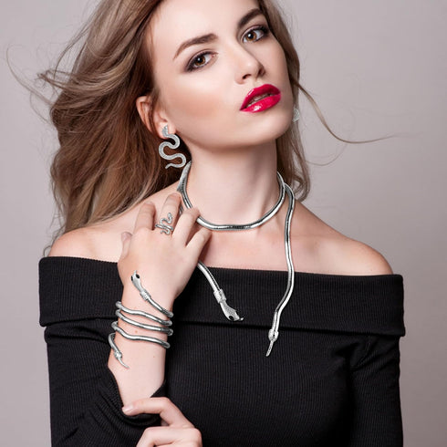 FIBO STEEL Snake Jewelry Set Snake Necklace Ring Earrings for Women Dangle Earrings Gold Snake Earrings Knuckle Rings Adjustable Necklace Hallowee...