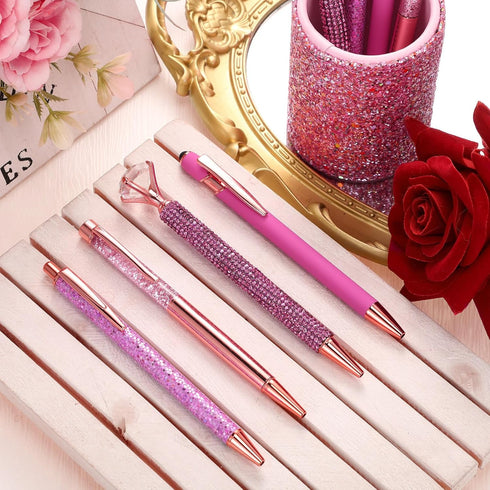 Sabary 8 Pcs Ballpoint Pens with Pen Holder for Desk Metal Crystal Diamond Pen Glitter Pencil Holder Fancy Pens Black Ink Bling Desk Organizer for...