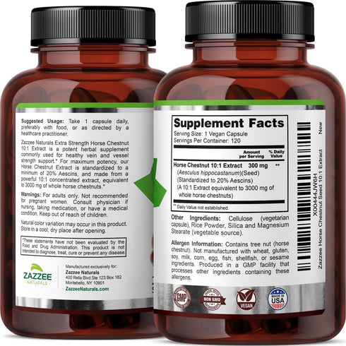 Zazzee Extra Strength Horse Chestnut 10:1 Extract, 3000 mg Strength, 20% Aescins, 4 Month Supply, 120 Vegan Capsules, Concentrated and Standardize...