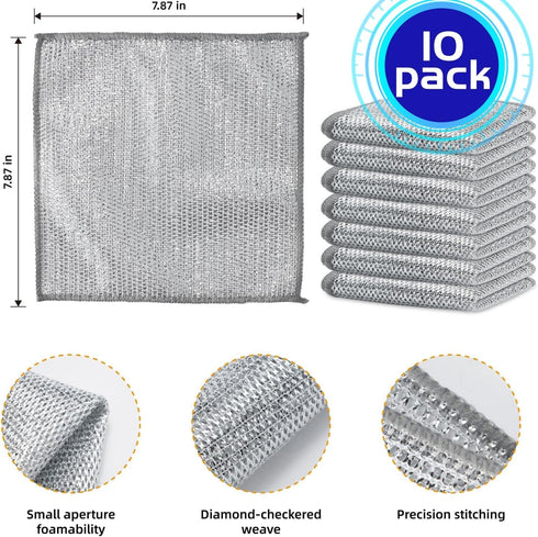 10 pcs Upgrade Steel Wire Dishcloth Double-Layer Multipurpose Wire Miracle Cleaning Cloths Dishwashing Rag for Wet and Dry Non-Scratch Kitchen Mes...