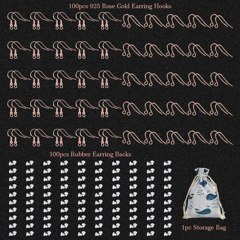 Rose Gold 925 Sterling Silver Earring Hooks Hypoallergenic 100Pcs Ear Wires Fish Hooks for Jewelry Making Supplies Findings with 100Pcs Clear Rubb...