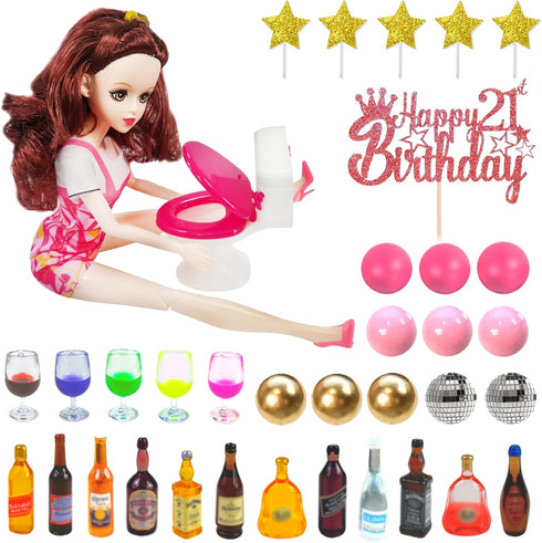 Mini Wine Bottles Cake Toppers With 12 Mini Wine Bottles 5 Mini Wine Glasses 1 Toilet Toy 1 Beauty Doll 21st Birthday Cake Topper for Celebrating ...