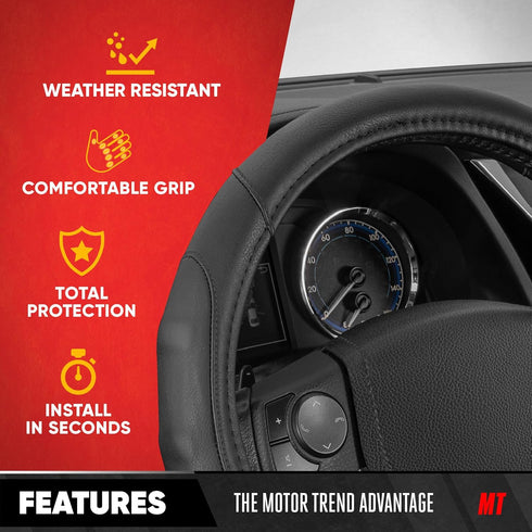 Motor Trend GripDrive Faux Black Leather Steering Wheel Cover for Car Truck Van SUV, Small 14 inch Size, Solid Black Stitched Car Steering Wheel C...