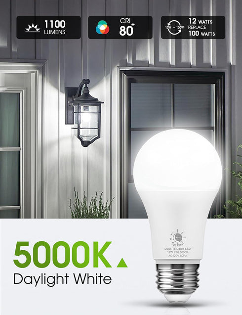 LOHAS Dusk to Dawn Sensor Light Bulbs Outdoor, A19 12W(100 Watt Equivalent) LED Bright Porch Lighting, Daylight White 5000K, 1100LM, Auto-On/Off, ...