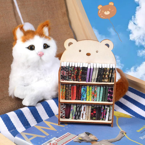 64Pcs Mini Bookcase Toy Book Shelf Wood Doll House FurnitureModel Library Decor Four Floors Storage Shelves Pretend Play 1:12 Accessories scene Ha...