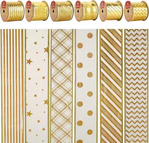 MEEDEE Gold Ribbon for Christmas Tree Decoration - 2.5 Inch, 6 Rolls, 36 Yards - Star and Stripe Wired Ribbon for Tree Garland and Crafts...