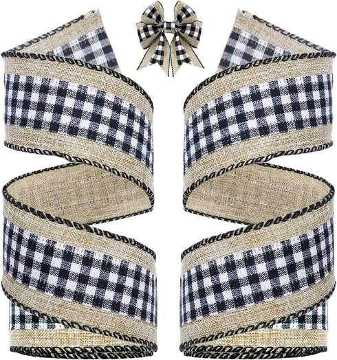 2 Rolls 8 Yards Buffalo Plaid Ribbons Burlap Wired Edge Plaid Ribbons 2 Inch Wide Check Gingham Fabric Craft Ribbon for Gift DIY Bows Home Party W...