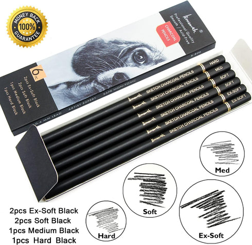 Professional Charcoal Pencils Drawing Set - 6 Pieces Soft Medium and Hard Charcoal Pencils for Drawing, Sketching, Shading...