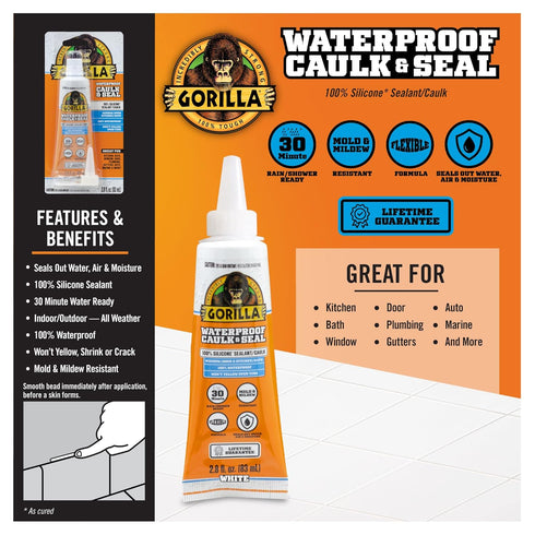 Gorilla Waterproof Caulk & Seal 100% Silicone Sealant, White, 2.8oz Squeeze Tube (Pack of 2)...
