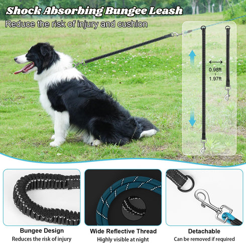 NTR Long Leash, 15FT Nylon Dog Rope with Upgrade 2 Swivel Hooks & Ergonomic Padded Handle, Detachable Reflective Bungee Blue Leash for Small Mediu...