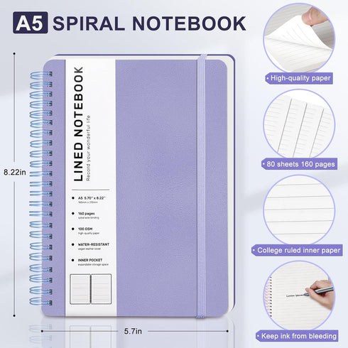 ABERLLS Purple Lined Spiral Journal Notebook with 160 Pages, 8×5.7in, A5 Spiral Notebook, Journaling Notebooks for Work, School, Women, Men, Colle...