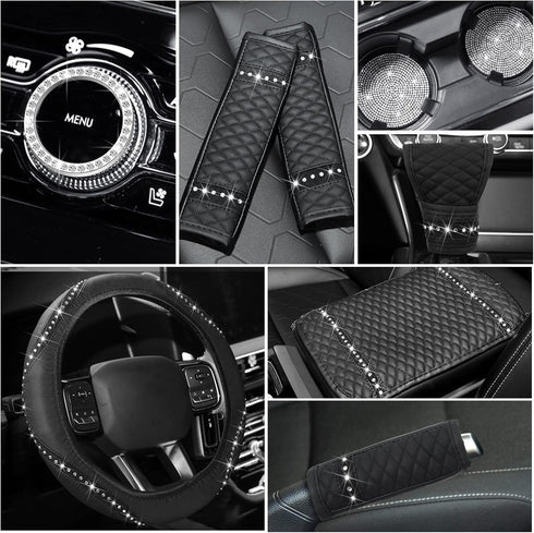 10 Pcs Bling Car Accessories Set for Women Girl Rhinestones Leather Accessories Bling Steering Wheel Cover Armrest Cover Gear Shift Cover Seat Bel...