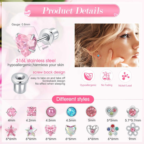 14 Pairs Surgical Steel Screw Back Earrings Sets Hypoallergenic Screw Back Stud Earrings Cute Heart Tiny CZ Flower Pink Stud Earrings for Women...