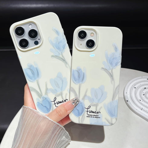 Artistic Blue Tulip Flower Soft Designed for iPhone Case (Beige,iPhone 14 Pro Max)...
