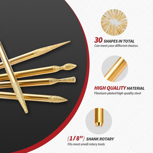 Titanium plating 90PCS Diamond Drill Polishing Bits Bur Set with 1/8"(3mm) Shank,Rotary Tool Bit Accessories,Wood Grinding Carving kit, Metal Trim...
