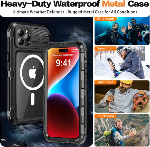 iPhone 15 Pro Max Waterproof Case Compatible with MagSafe, Metal Heavy Duty IP68 Underwater Built-in Screen Protector, Military Grade Shockproof R...