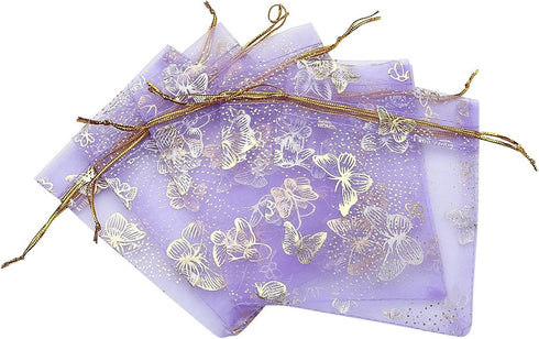 100pcs Mini Sheer Organza Wedding Favor Bags 3.5x4.5'' Luxury Jewelry Candy Gift Card Bags with Gold Line Drawstring Pouches Butterflies (Light Pu...