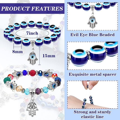 12 Pcs Evil Eye Beaded Charm Bracelets Blue Eye Bead Hamsa Stretch Bracelet Turkish Lucky Hand of Fatima Protection Bracelet for Women Men Blessin...