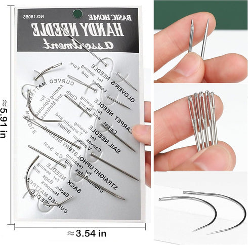 Pikdmin 7+1 Pcs Heavy Duty Hand Sewing Needles Kit, 5 Leather Hand Sewing Needle 2 Curved Needle and 1 pcs needle threaders for Home Upholstery,Le...