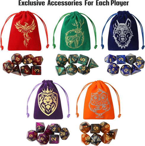 35Pcs DND Dice Set with 5 Colorful Animal Patterned Dice Pouches, Polyhedral Dice Sets for Dungeons and Dragons D&D TTRPG MTG Table Role Playing G...