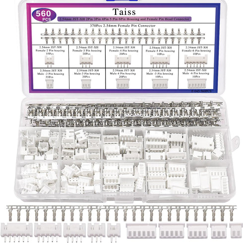 Taiss 560PCS 2.54mm JST-XH Connector Kit 2.54mm 2/3/4/5/6 Pin Housing Female and Male Adapter Cable Connector Plug,JST Connector Female Pin Head C...