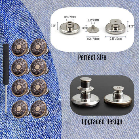 8 Sets Replacement Jean Buttons,No Sew Removable Metal Button for Jeans,17mm Button Repair Kit with Screwdriver in Plastic Storage Box.Fit for Any...