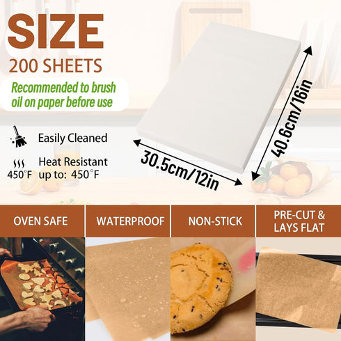 200 Pcs Parchment Paper Baking Sheets, 12"x16" Precut Non-Stick Baking Parchment Paper Sheets Bun Sheet Pan Liners.Baking Grilling Air Fryer Steam...