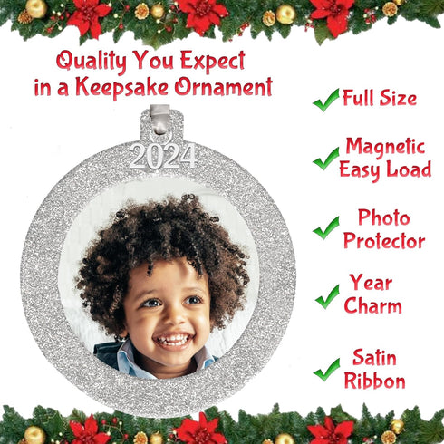 2024 Photo Ornaments for Christmas Tree, Classic Red and Black Buffalo Plaid Christmas Frame Ornament, Easy-Load Magnetic Design, with Satin Ribbo...