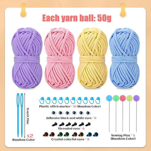 IMZAY 4 Pcs Yarn for Crocheting and Knitting, Crochet Soft Yarn Bulk with Knitting Needles, Stitching Markers, Positioning Pins, Plastic Eyes, Wea...