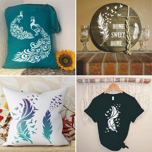 Feather Stencils for Painting on Wood, Peacock Stencils for Crafts Reusable Wood Burning Drawing Art Paint Stencils and Patterns for Wall Cake Coo...
