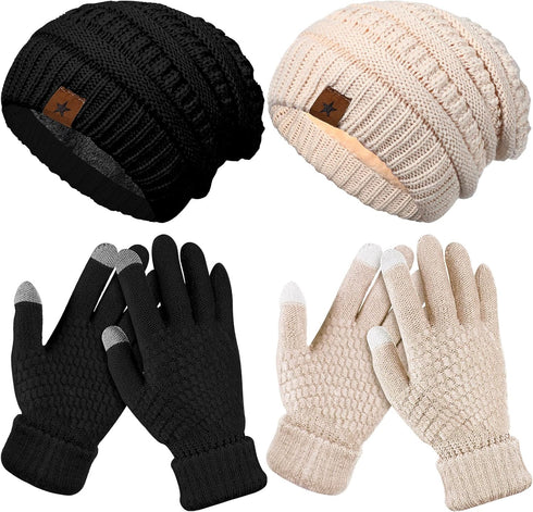 4 Pieces Winter Glove and Hat Set Women Winter Hat Touchscreen Gloves Warm Knitted Beanie Hats and Gloves for Women...