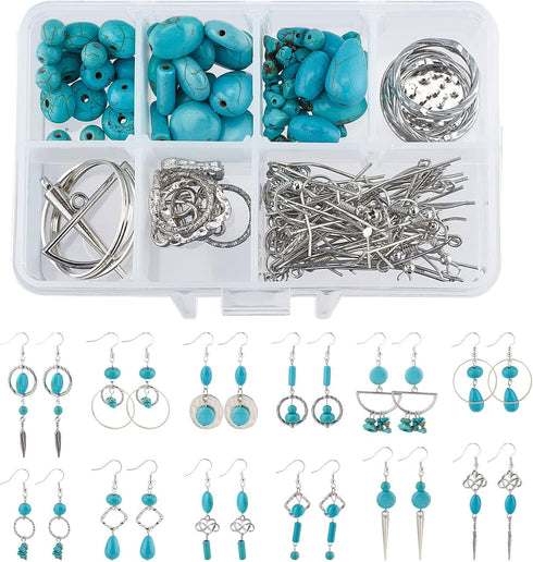 SUNNYCLUE 1 Box DIY 10 Pairs Turquoise Beads Earring Making Kit 8 Shapes Turquoise Beads Charms Hammered Feather Heart Pendants & Earring Hooks fo...