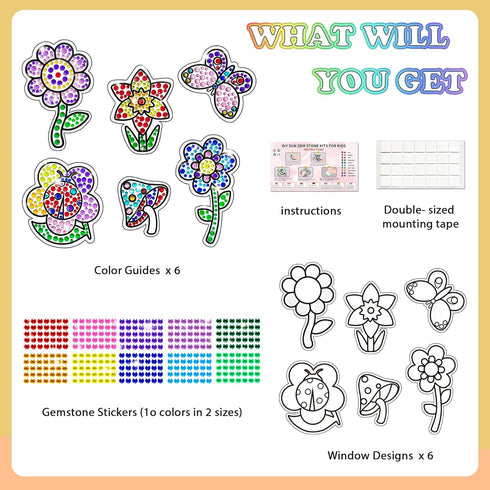 atydkug Window Gem Art Diamond Kits Painting for Kids - Fun Arts & Crafts 6 Sheets Flowers Gem Art Painting Kits by Numbers for Girl, Birthday Par...