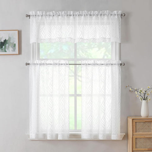 Marilyn 2PCS White Sheer Valances for Windows 14 Inches Long, Light Filtering Soft Clip Jacquard Textured 3D Leaf Curtains for Bathroom Bedroom Ba...