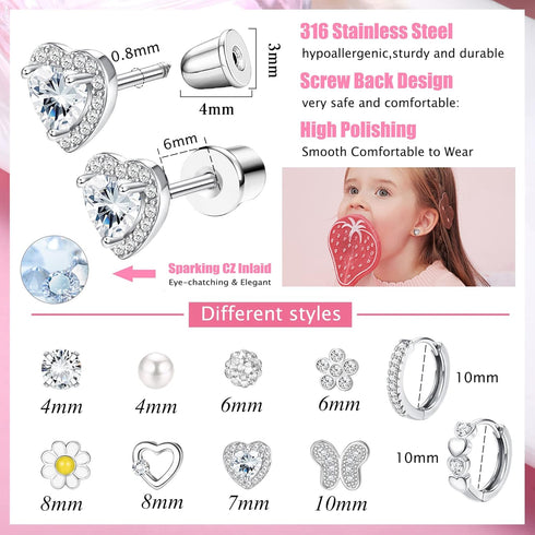 YADOCA 10 Pairs Hypoallergenic Screw Back Earrings for Women Girls Stainless Steel CZ Cute Colorful Butterfly Hoop Screwback Stud Earring Set...