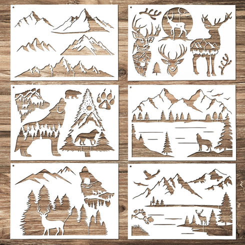 6pcs Mountain Stencils for Painting on Wood, Reusable Wood Burning Stencils Pine Tree Wildlife Deer Template Forest Pattern Stencils for Wall Draw...