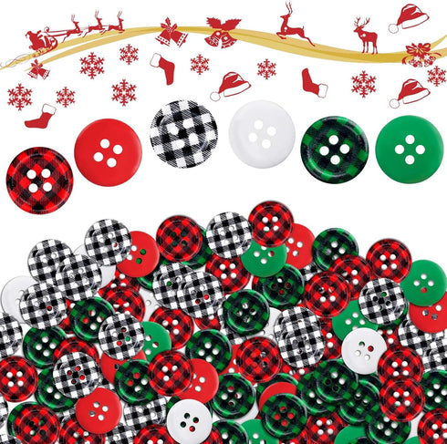 PAGOW 210Pcs Christmas Wooden Buttons, Buffalo Plaid Round Black Red White Green Buttons, 4 Holes Plaid Craft Buttons Bulk for Sewing DIY Decorati...
