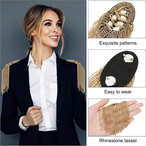 2pcs Metal Tassel Link Chain Epaulet Rhinestone Tassel Shoulder Epaulet Beaded Crystal Shoulder Boards Badge Brooch Pins Punk Epaulettes for Men W...
