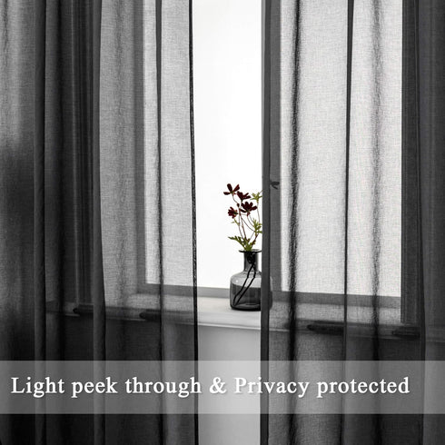 DUALIFE Black Sheer Curtains 72 Inch Length for Bed Room Set of 2 Panels Rod Pocket Faux Linen Semi Translucent Short Curtains for Office Kitchen ...