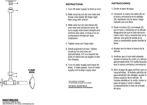 Westbrass D120-03 3/8" x 20" Brass Bullnose Faucet Riser Supply Line, Polished Brass...