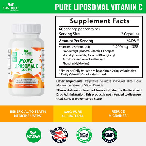 Pure Liposomal Vitamin C - 1200mg Immune System & Collagen health Booster, Anti Aging Skin Vitamins, Sodium Ascorbate, Sunflower Lecithin (120 Cap...