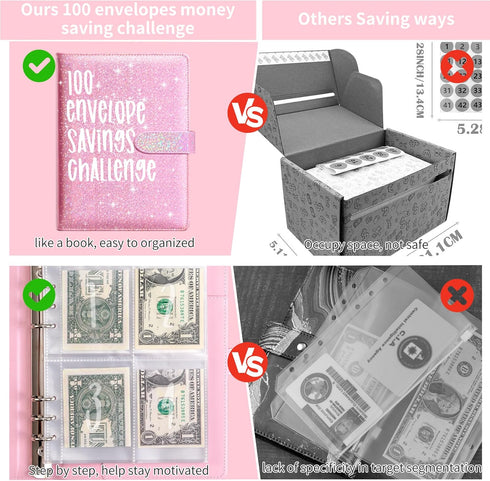 100 Day Money Saving Challenge Binder, Reusable Budget Book with Cash Filled Envelope Frosted Cover Money Binder Cash Savings Challenge Storage Bo...