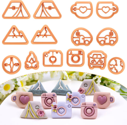 Puocaon Camping Polymer Clay Cutters - 14 Pcs Clay Cutters for Polymer Clay Earrings Making, 3D Print Camper Theme Polymer Clay Cutters, Compass V...