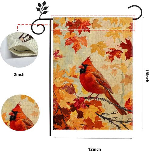 Fall Cardinal Garden Flag, Thanksgiving Red Bird Maple Leaf Garden Flag, Autumn Yard Home Decor Welcome Flag, 12x18 Inch Double Sided Burlap, Outd...
