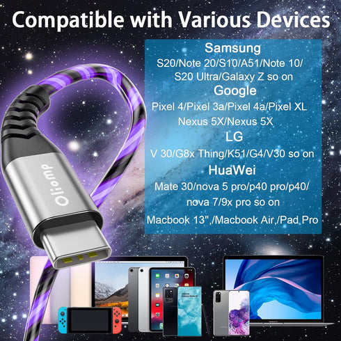 USB C to USB C Fast Charging Cable 6ft 60W 3A USB Type C Charger Led Light up Charger Compatible with Samsung Galaxy S23/S22/S21/S20 /S10/S9/S8/No...