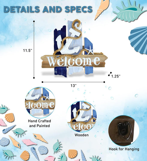 CoTa Global Atlantic Anchor Welcome Nautical Decor Sign - Nautical Themed Wood Sign, Beach Decor for Wall, Novelty White and Blue Starfish and Anc...