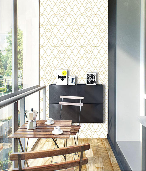 D7027-3 Peel & Stick Wallpaper Hexagon Rhombus Gold/White Removable Self Adhesive Wallpaper Textured 17.7in x 118in Vinyl Film Roll for Wall Decor...