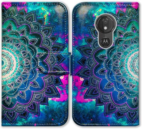 Case for Moto G7 Power/Moto G7 Supra, Mandala Flower Space Leather Flip Case Wallet Cover with Card Slot Holder Kickstand for Motorola Moto G7 Pow...