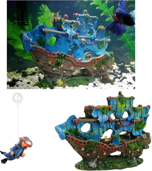 Aquarium Shipwreck Decoration + Little Diver Floating Fish Tank Decoration, Fish Tank Hideout, Fish Tank Ornaments (Blue Shipwreck)...