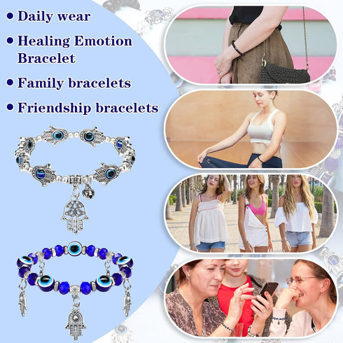 12 Pcs Evil Eye Beaded Charm Bracelets Blue Eye Bead Hamsa Stretch Bracelet Turkish Lucky Hand of Fatima Protection Bracelet for Women Men Blessin...